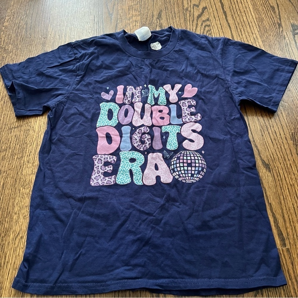 Girl’s 10 Year Old Double Digits Birthday Disco Ball Era Navy Blue Shirt - L